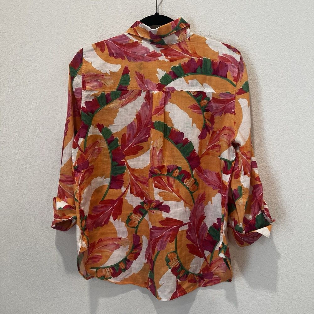 Chicos Shirt Women 1 US 8 Orange Pink Foliage Floral No Iron Linen 3/4 Sleeve - Picture 7 of 9